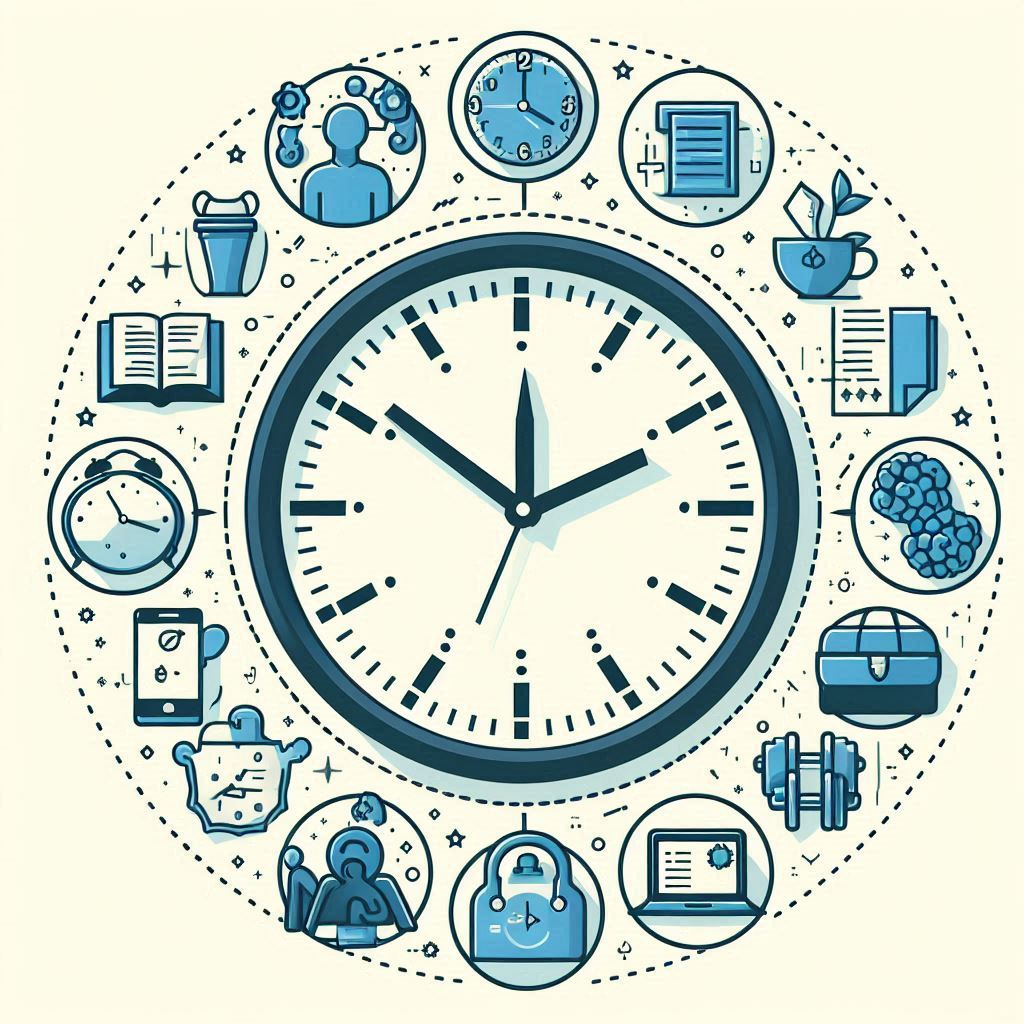 Symbolising efficient time management with a clock and icons representing various tasks, is on its way. Just a moment!